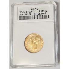 AUSTRALIA 1874 . ONE 1 SOVEREIGN . SYDNEY . GOLD . SLABBED